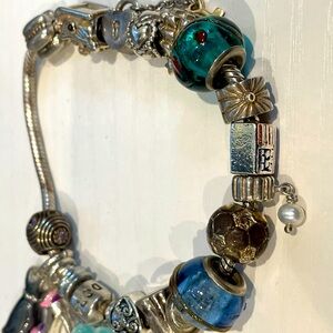 Authentic Pandora Sterling Silver 925 Bracelet, 15 Charms, 2 clips, some retired